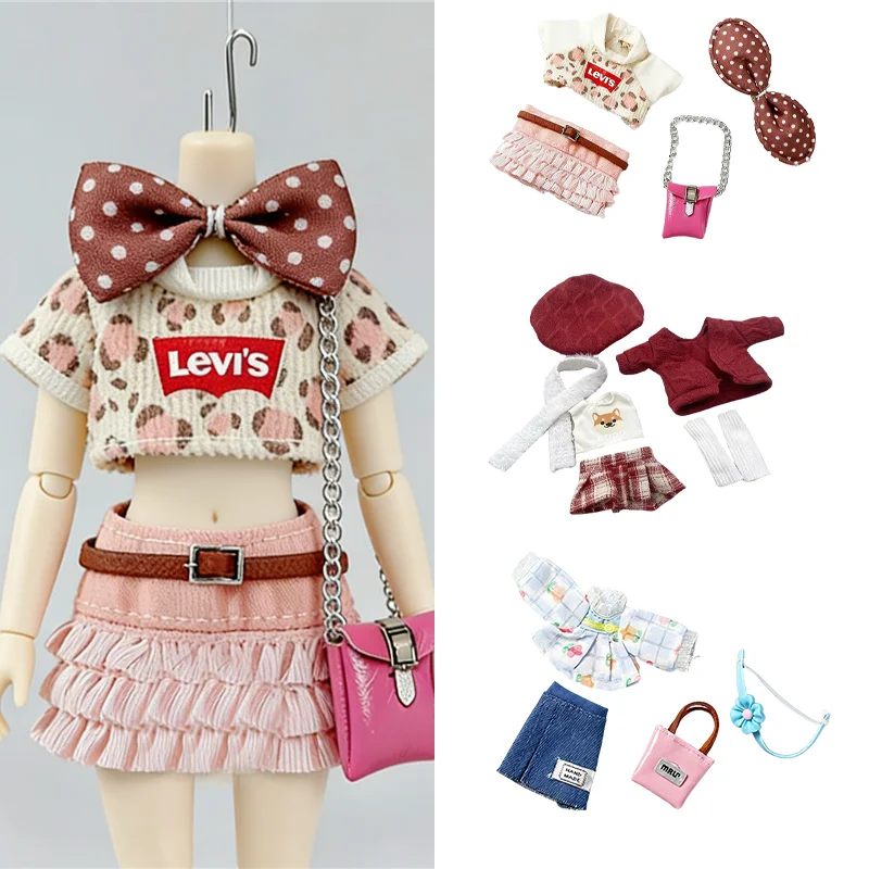 

Корейский стильный комплект одежды для кукол OB11 (16-17 см) и BJD (1/8): повседневный наряд, платье, брюки, сумка, аксессуары. Подарочный набор.
