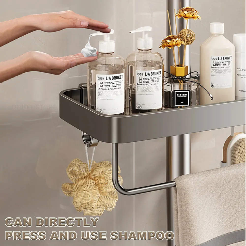 1/2PCS Shower Rack Punch-Free Bathroom Tray With Towel Bar Hooks Shampoo Holder Floating Shelf For Toilet Bathroom Organizer