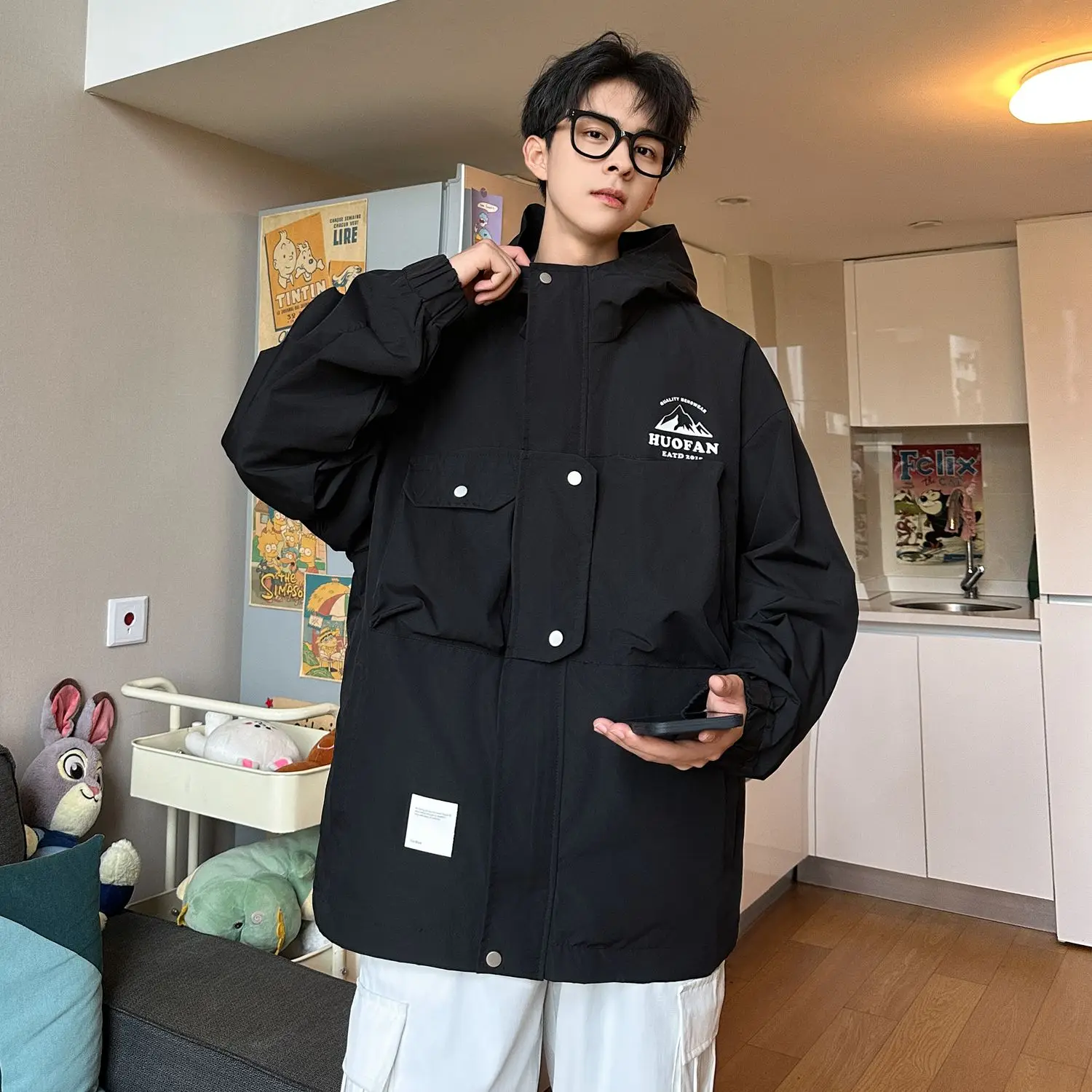 

Outdoor Men's Jaet Spring Autumn New Sle Windproof Waterproof Hooded Climbing Suit Loose Fit Zipper Decoration Youth Faion