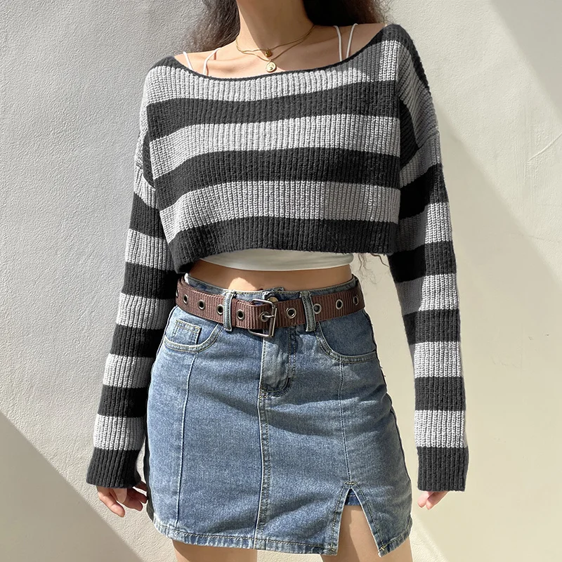 

Women Fall Cropped Sweater Knitted Stripe Off Shoulder Long Sleeve Pullover Knitwear Streetwear for Ladies