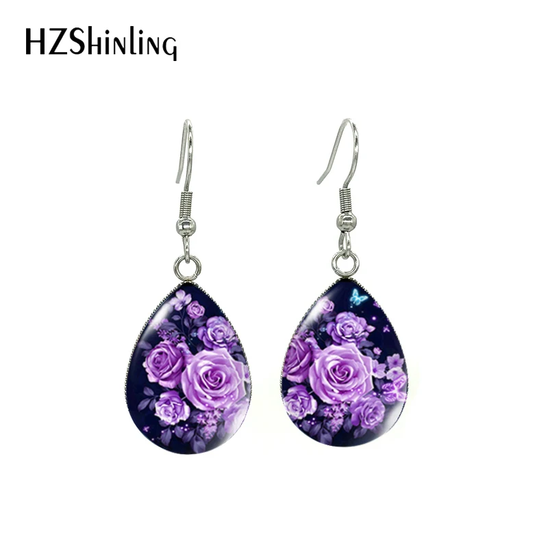 New Vintage Beauty Flowers Butterfly Patterns Art Paintings Tear Drop Fish Hook Earrings Handmade Jewelry Dangle Earrings