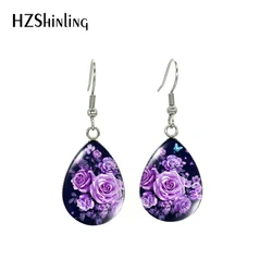 New Vintage Beauty Flowers Butterfly Patterns Art Paintings Tear Drop Fish Hook Earrings Handmade Jewelry Dangle Earrings