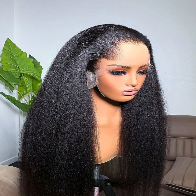 360 crépus droite sans colle dentelle avant perruque Invisi sangle pré plumée Yaki brésilien cheveux humains pleine dentelle frontale perruques pour les femmes