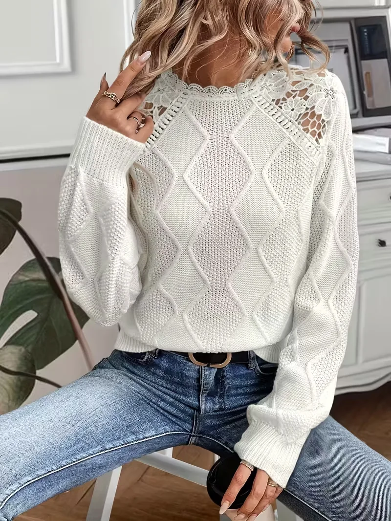 Suéter de malha de renda grossa elegante feminino, cor sólida em torno do pescoço de manga comprida casual solto pulôver macio, pulôver de renda pullo