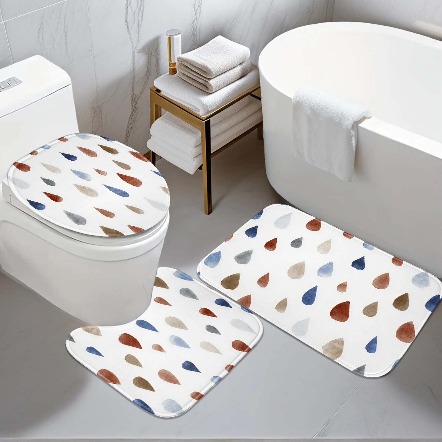 

Набор противоскользящих ковриков для ванной комнаты — 3 шт. с рисунком капель воды, плоским 2D-дизайном и цифровым принтом — включает нескользящую подушечку, U-образную форму