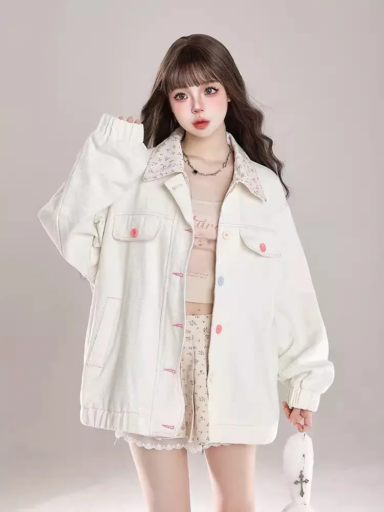 ADAgirl Kawaii Baseball Jassen voor Vrouwen Revers Patchwork Button Up Casual Top Jas Japanse Stijl Mode Herfst Winter Kleding