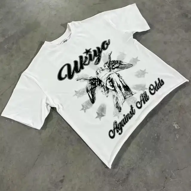 T-shirt a maniche corte con personalità di strada Abbigliamento da strada gotico Colletto tondo estivo in cotone per il tempo libero Comoda giacca da uomo retrò