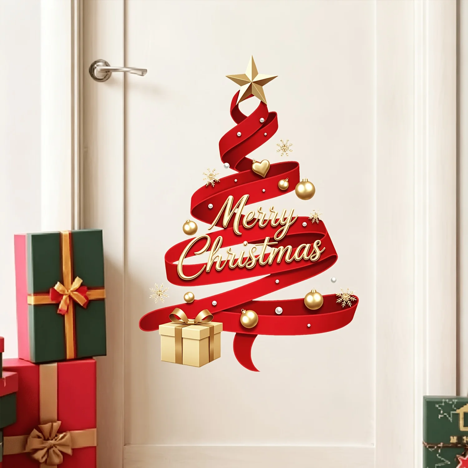 3D Red Ribbon Christmas Tree Window Sticker, Luxury Gold Merry Christmas Self-Adhesive Removable Double Sided Visible Window Fil
