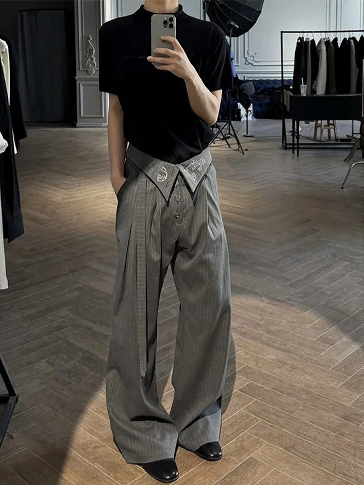 

Elegant Embroidered Wide Leg Pants Men's Summer Stripe Commute Swordsmanship Style Loose Fit Casual Trousers Youth Trend