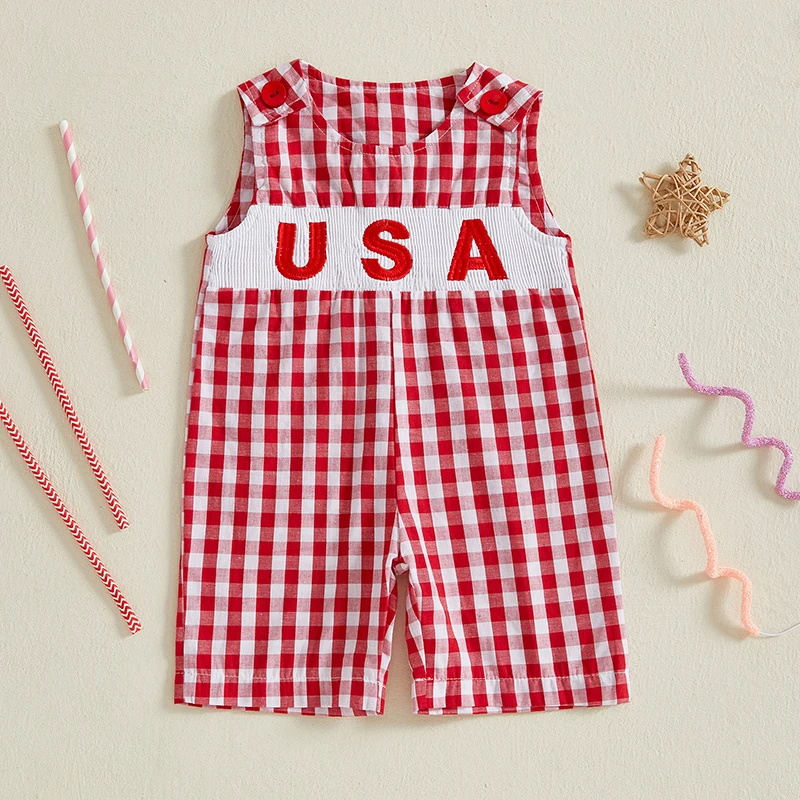 

Baby Boys Rompers Independence Day Clothes Letter Embroidery Plaid Summer Sleeveless Overalls Bodysuits Jumpsuits