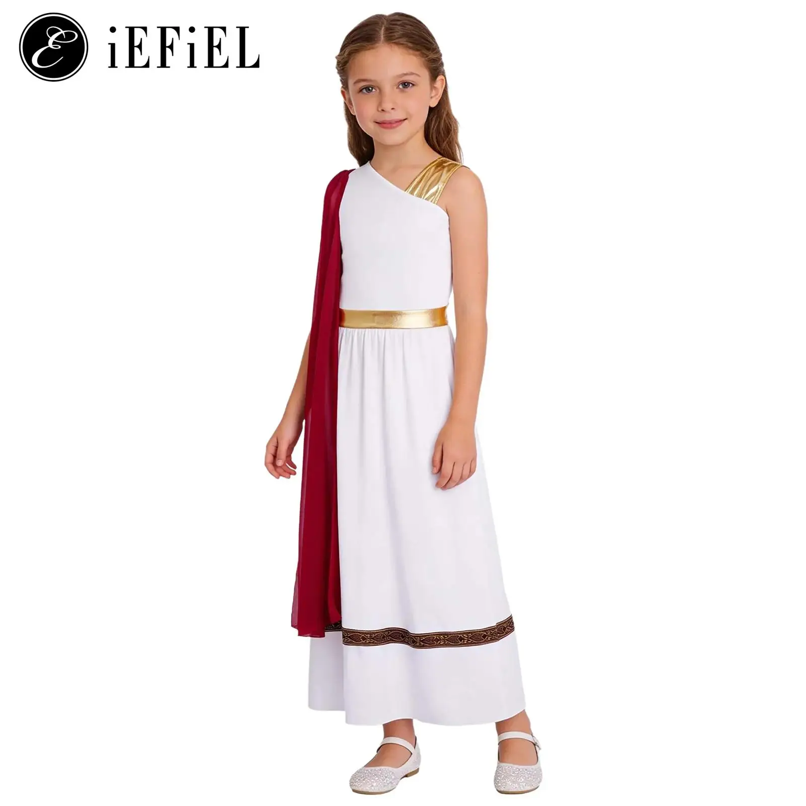 

Girls Greek God Roman Costume Dress Metallic Shiny Greek Princess Dress Ancient Greece Roman Toga Halloween Stage Performances