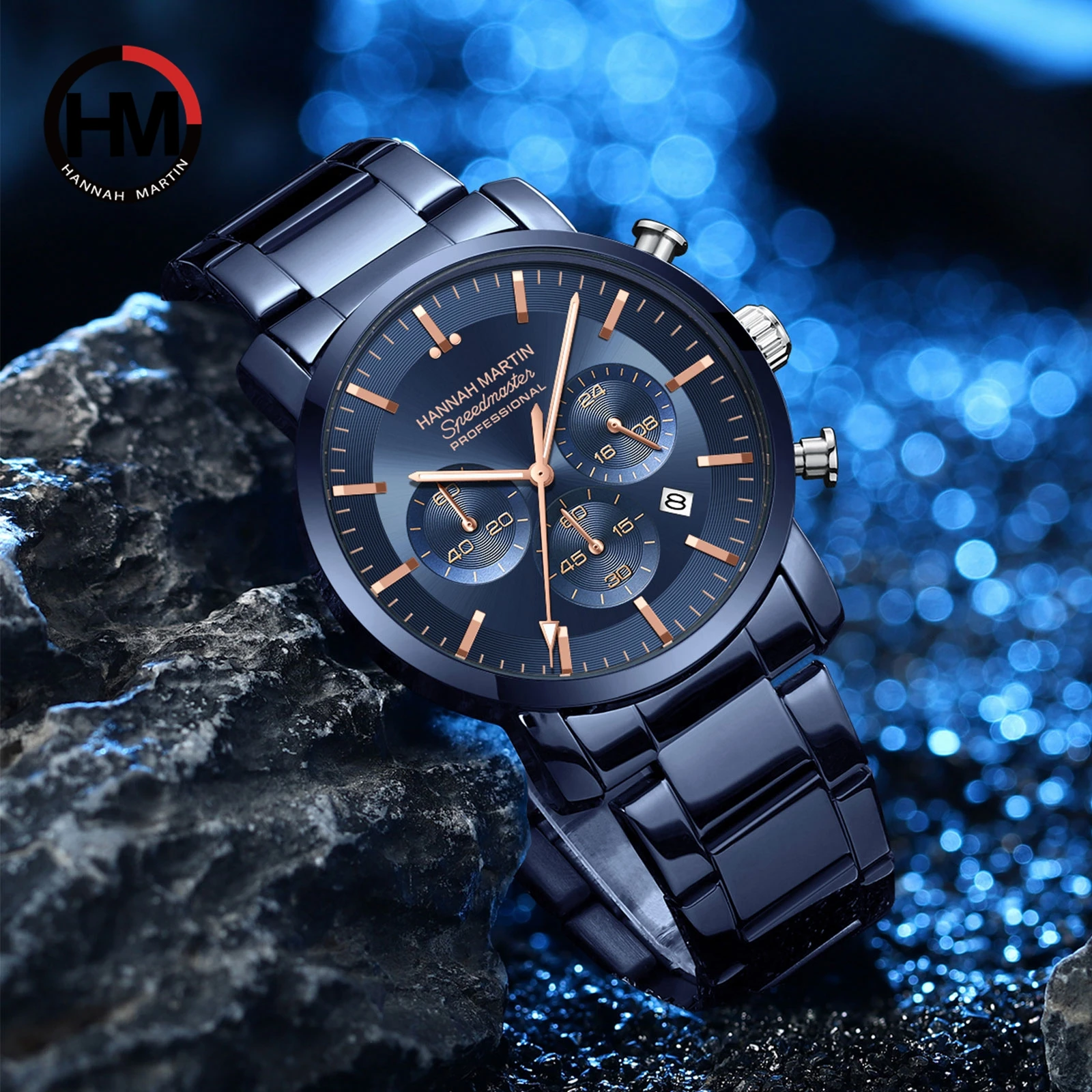 Hannah Martin Multifunctional Quartz Watch Men Top Brand Blue Silver Stainless Steel Japan movement Leisure Timing Watch Clock