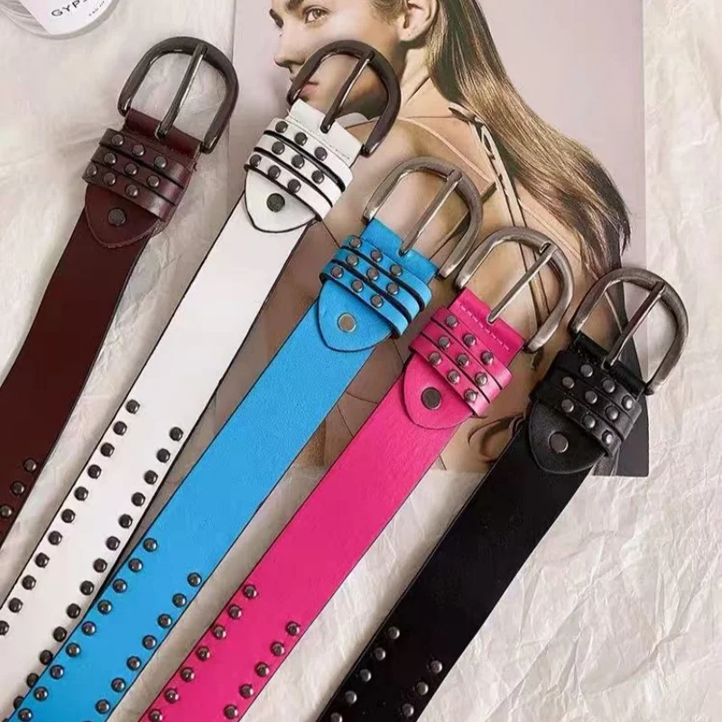 Heavy-industrial punk style rivet belt for women; blue fashionable design sense with skirt and pants; American Y2K belt.