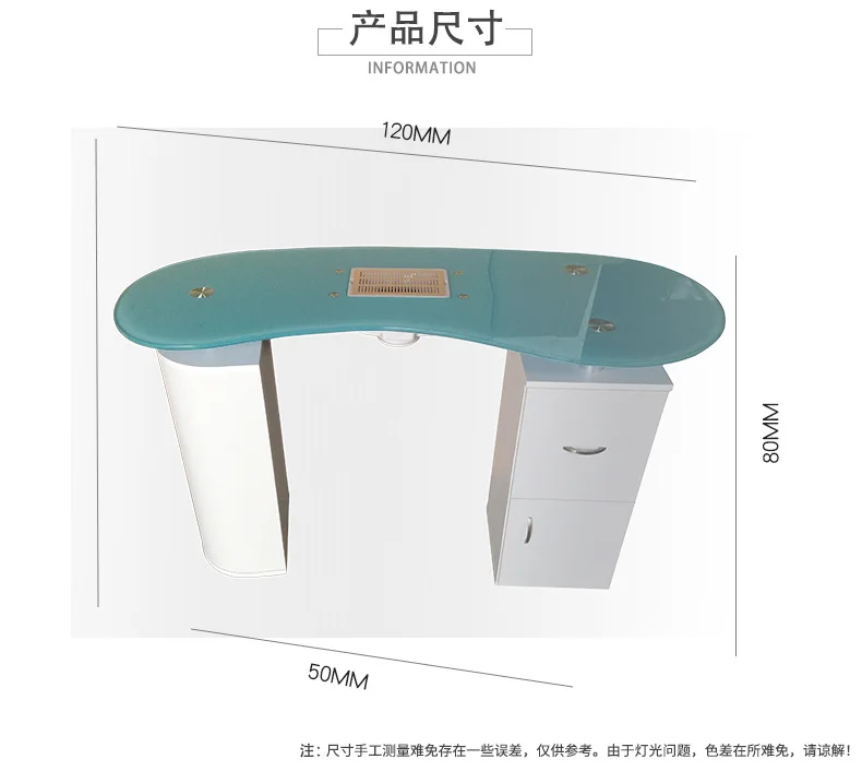 Single Manicure Table with Storage Function, LED Light, and Air Outlet Nail Table Oval Glass Emerald Green Salon Furniture Metal