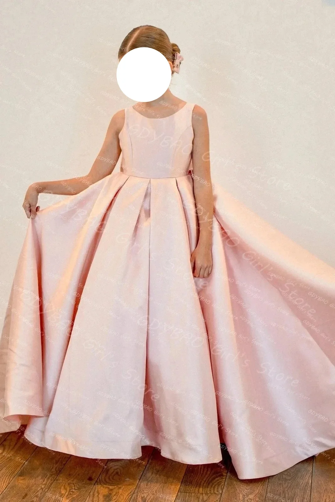 

Flower girl dress, wedding bow backless train, first communion dress, custom pleated satin beauty pageant party dress