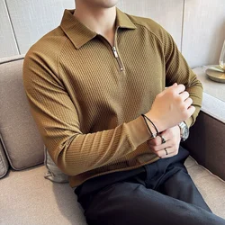 Men's Half Zip Polo Shirt Spring Autumn Long sleeved V Neck T-shirt Elastic Thickened Casual Business Tee Coats Streetwear 4XL-M