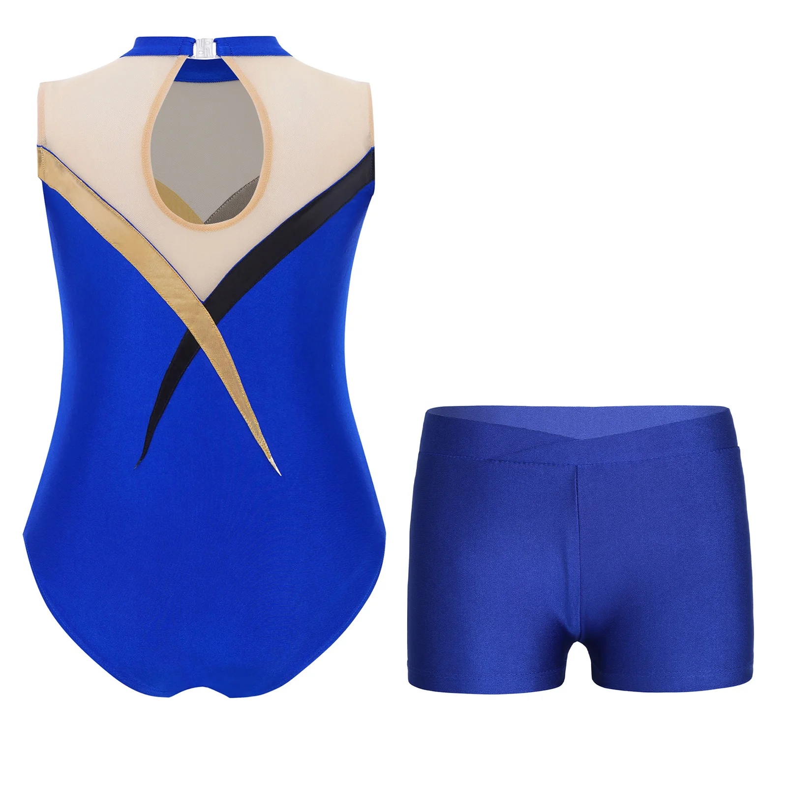 Kids Girls Gymnastics Dance Performance Costume Sleeveless Keyhole Back Sheer Mesh Patchwork Contrast Color Leotard with Shorts