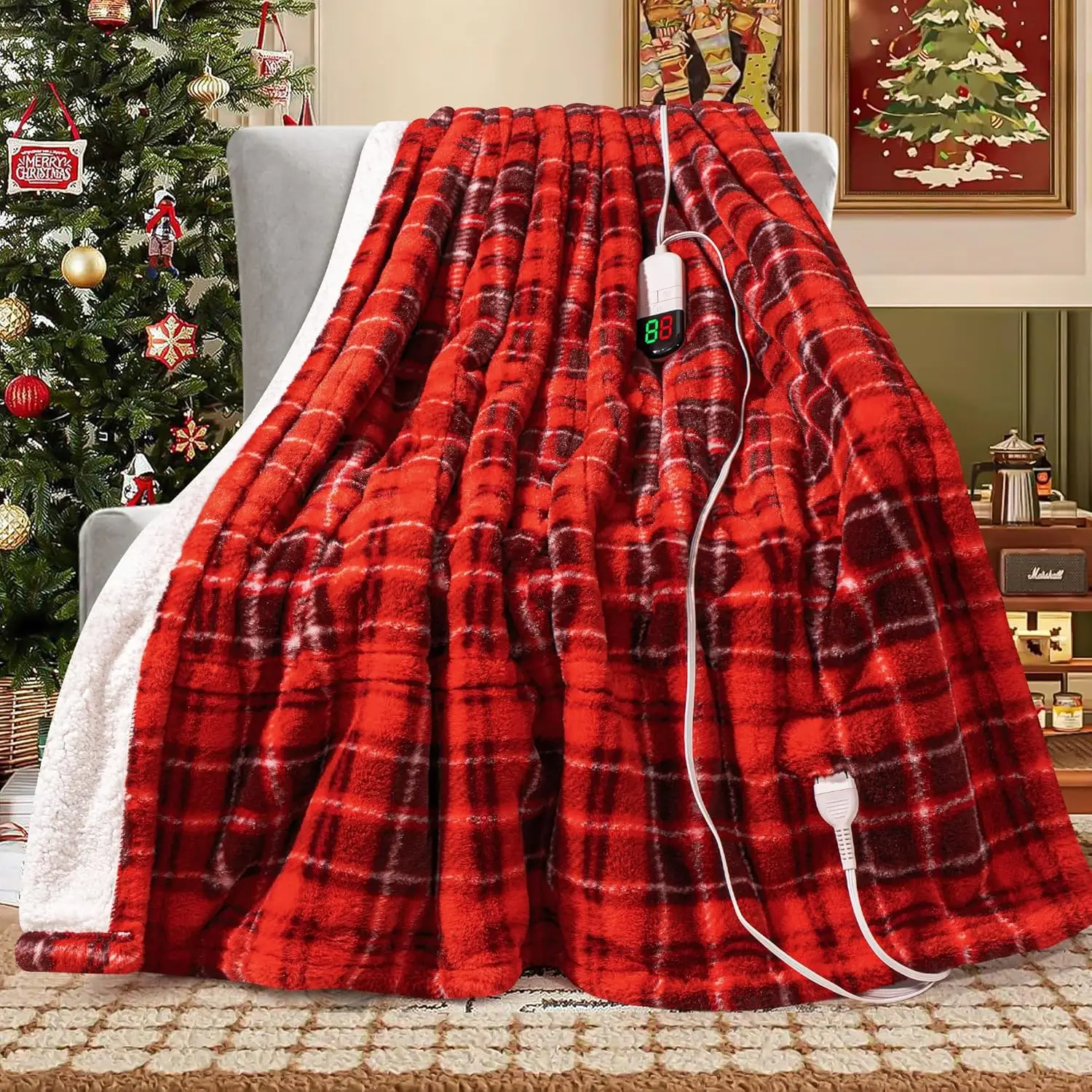 

Heated Electric Throw Blanket, 50x60 Inches, Faux Fur with 8 Heat Levels & Auto Off, Plaid Red