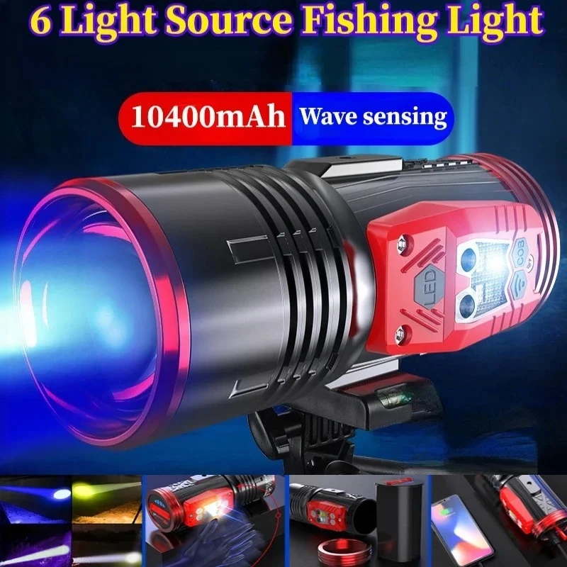 LED Fishing Flashlight 6 Light Source Fishing Searchlight Rechargeable Zoomable Torch Waterproof Camping Lantern with Bracket