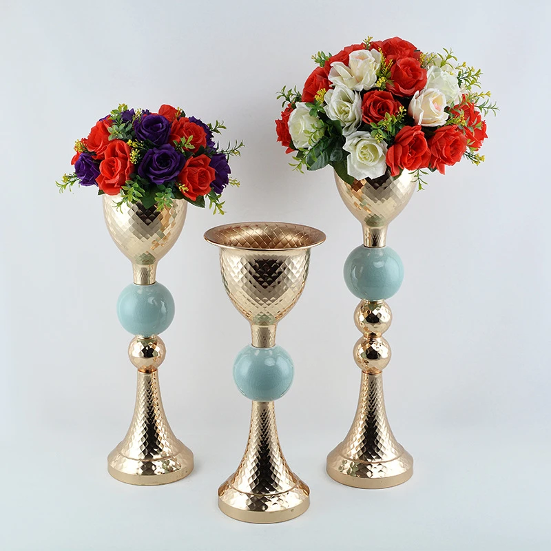 10 PCS/ Lot Gold Vases Metal Flowers Pot Ceramic Wedding Centerpieces Event Flower Road Lead For Home Hotel Decoration