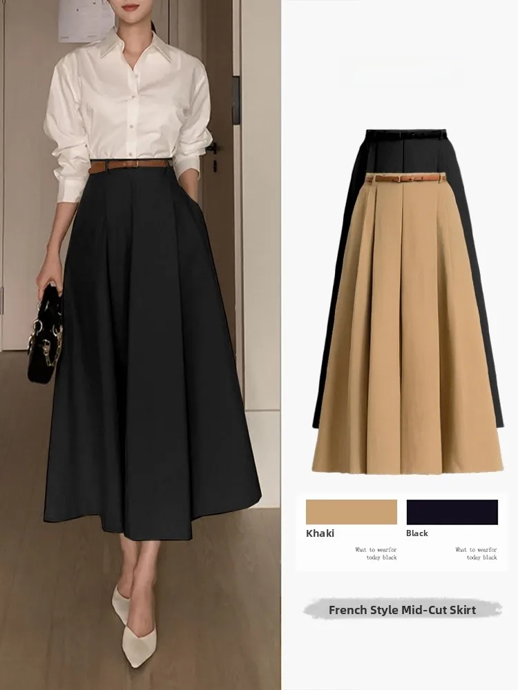 

High Waist A-Line Midi Skirt Women's Fashionable Slimming Half-length Soft Comfortable Polyester Fiber Casual Style Commute