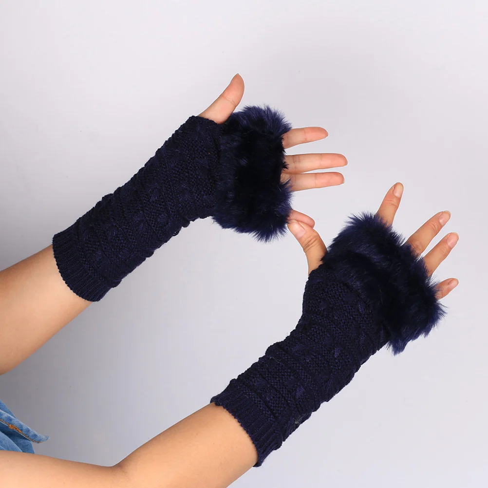 

Women Navy Knitted Half Finger Thick Faux Winter Warm Gloves Ideal for Driving Reading Computer Work Womens Gloves