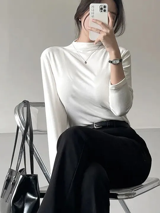 Korean Sle High Collar Long Sve Slim Fit Women's T-irt Inner Wear Top Faionable Autumn Winter Item Simple Design