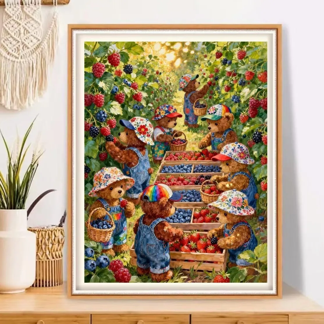 

9CT 11CT Little Bear Picking Raspberry Embroidery DIY Chinese Style Printed Kits Cross Stitch Thread Needlework Sets Home Crafts