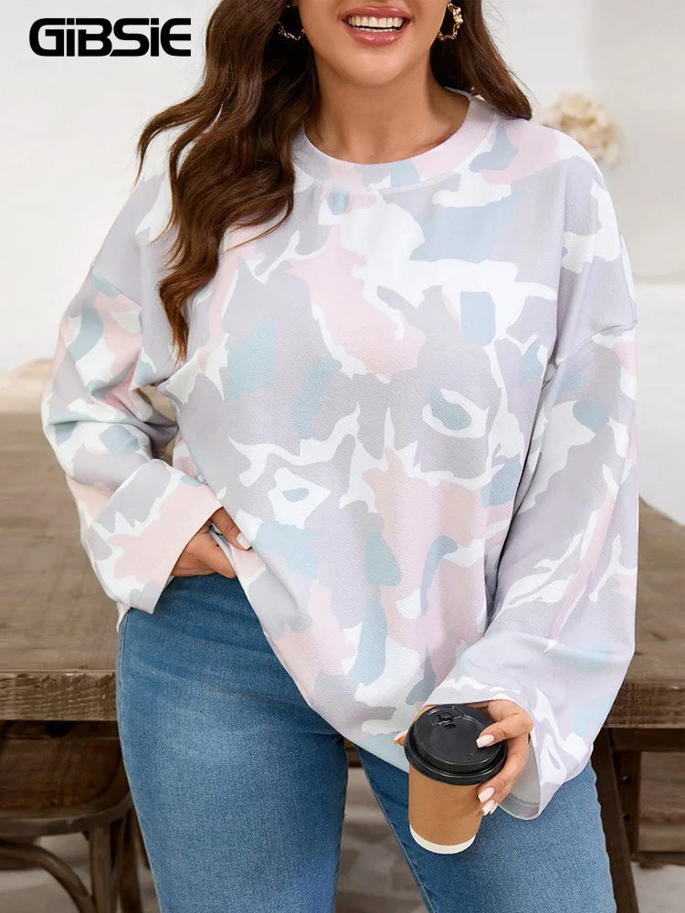 

GIBSIE Большие размеры, свободные толстовки с камуфляжным принтом и круглым вырезом, женские весенне-осенние повседневные пуловеры с длинными рукавами и длинными рукавами