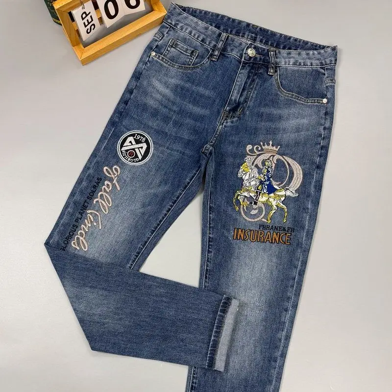 Trendy Embroidered Slim Fit Elastic Hong Kong High End Men's Jeans Breathable Standard Version with Pocket for Daily Wear