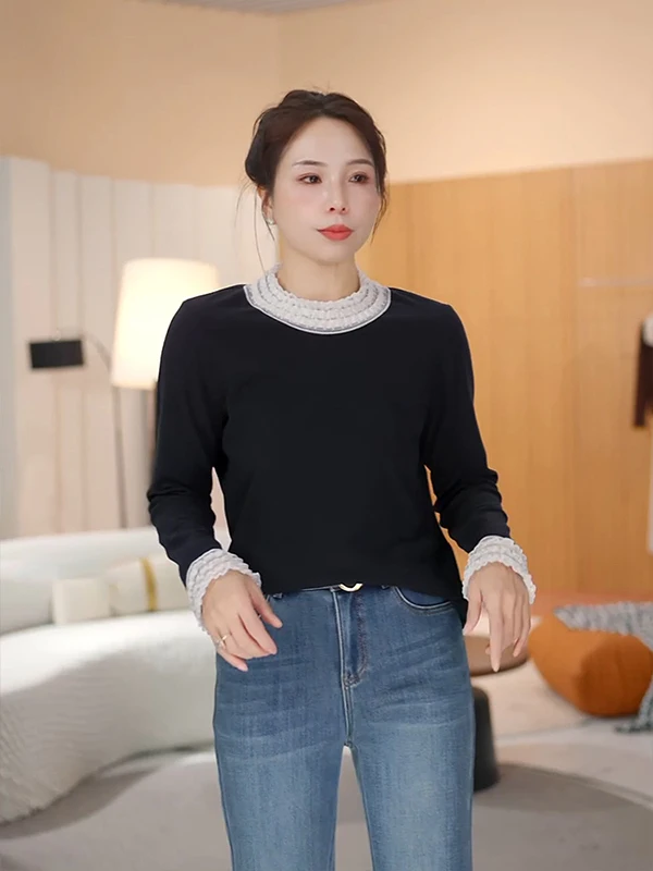 

Chana женский длинный све с кружевным воротником Base irt Fraant Sle, осень-зима, мягкий вязаный топ из полиэфирного волокна высокой чувствительности