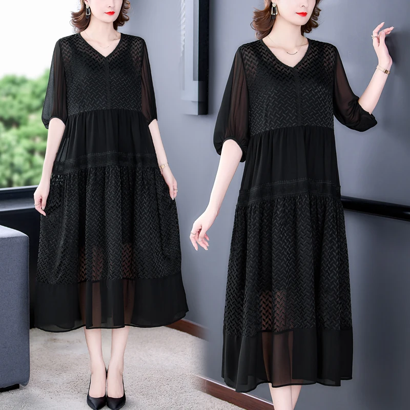 2023 New Fashion Silk Dress Women's Summer Vintage Versatile V-neck 5/4 Sleeve Loose Fit Casual Holiday Dress Vestidos