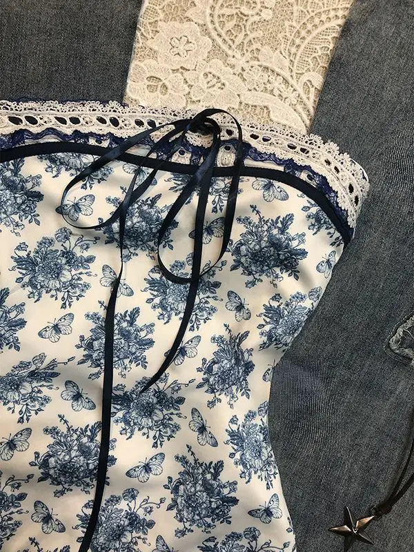 Harajuku Retro Floral Print Goth Tube Tops Camisole Sexy Y2k Vintage 2000s Strapless Emo Girls Punk Hip Hop Tees Streetwear Chic