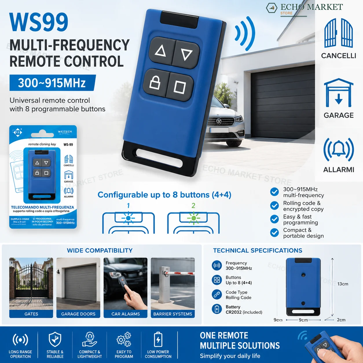 Télécommande de duplication multifréquence 300-915 MHz pour ouvre-porte de garage, prend en charge le commutation bimode