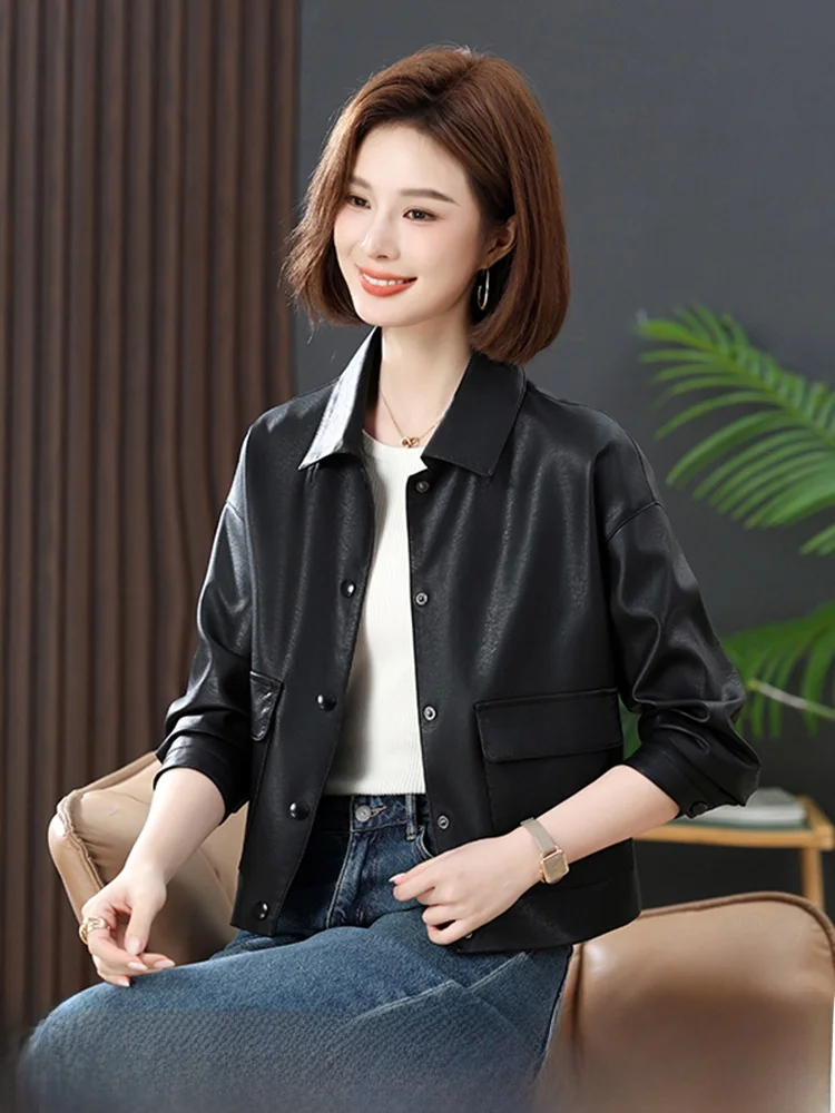 

Slimming Effect ort Leather Jaet Women's Faionable Spring Autumn eepskin Coat Sli Cact Size Commute Sle
