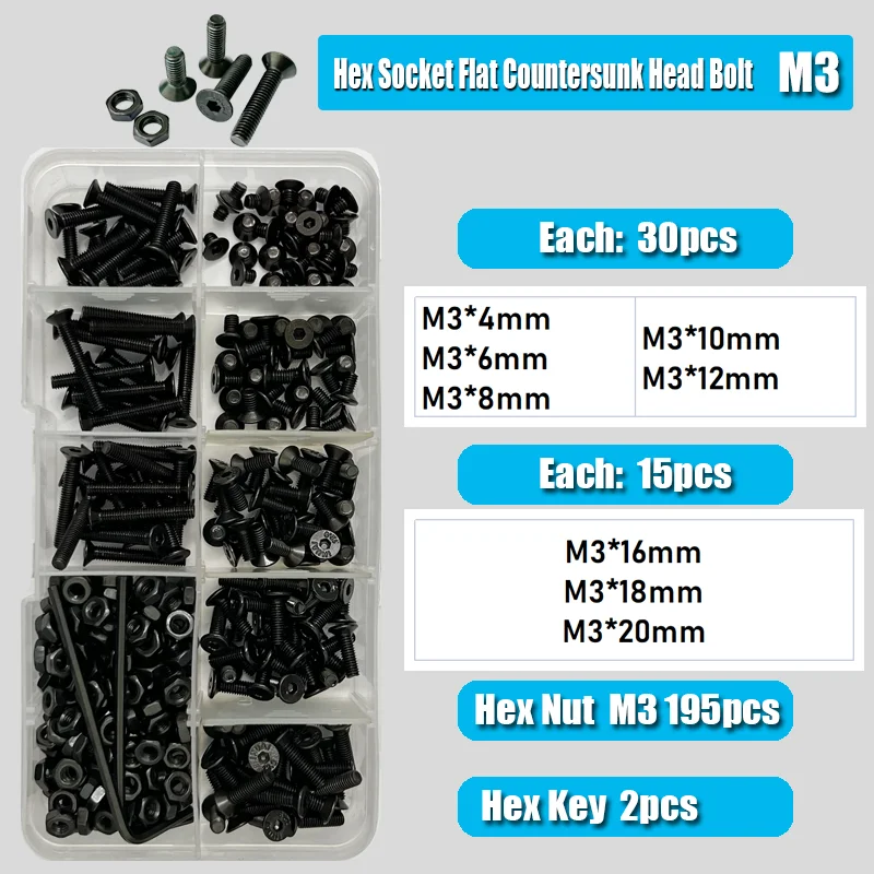 Senkkopf-Sechskantschrauben-Muttern-Set mit flachem Kopf, M2, M3, M4, M5, M6, schwarzer Stahl der Güteklasse 10,9, Innensechskant-Inbusschraube mit Senkkopf – Detail 12