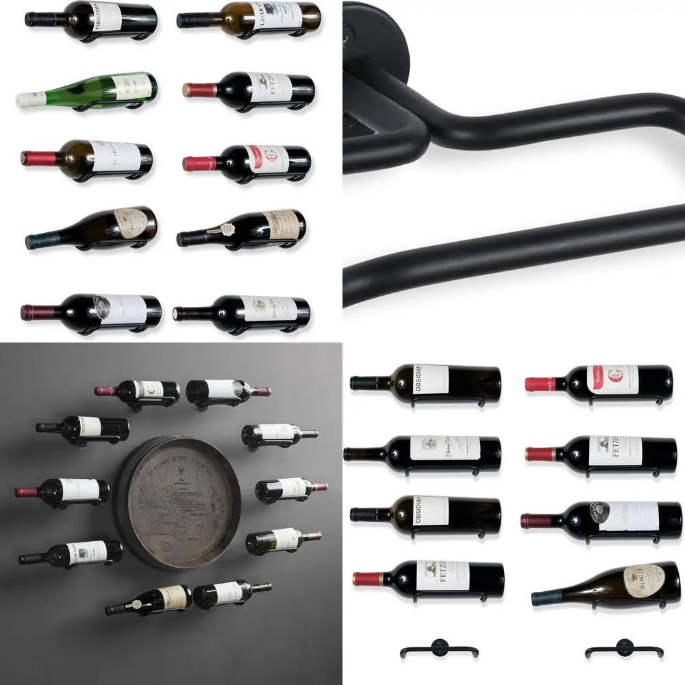 

Black Wall-Mounted Iron Wine Bottle Holder Rack - Set of 10 for Home, Kitchen, Dining Room Bar Décor