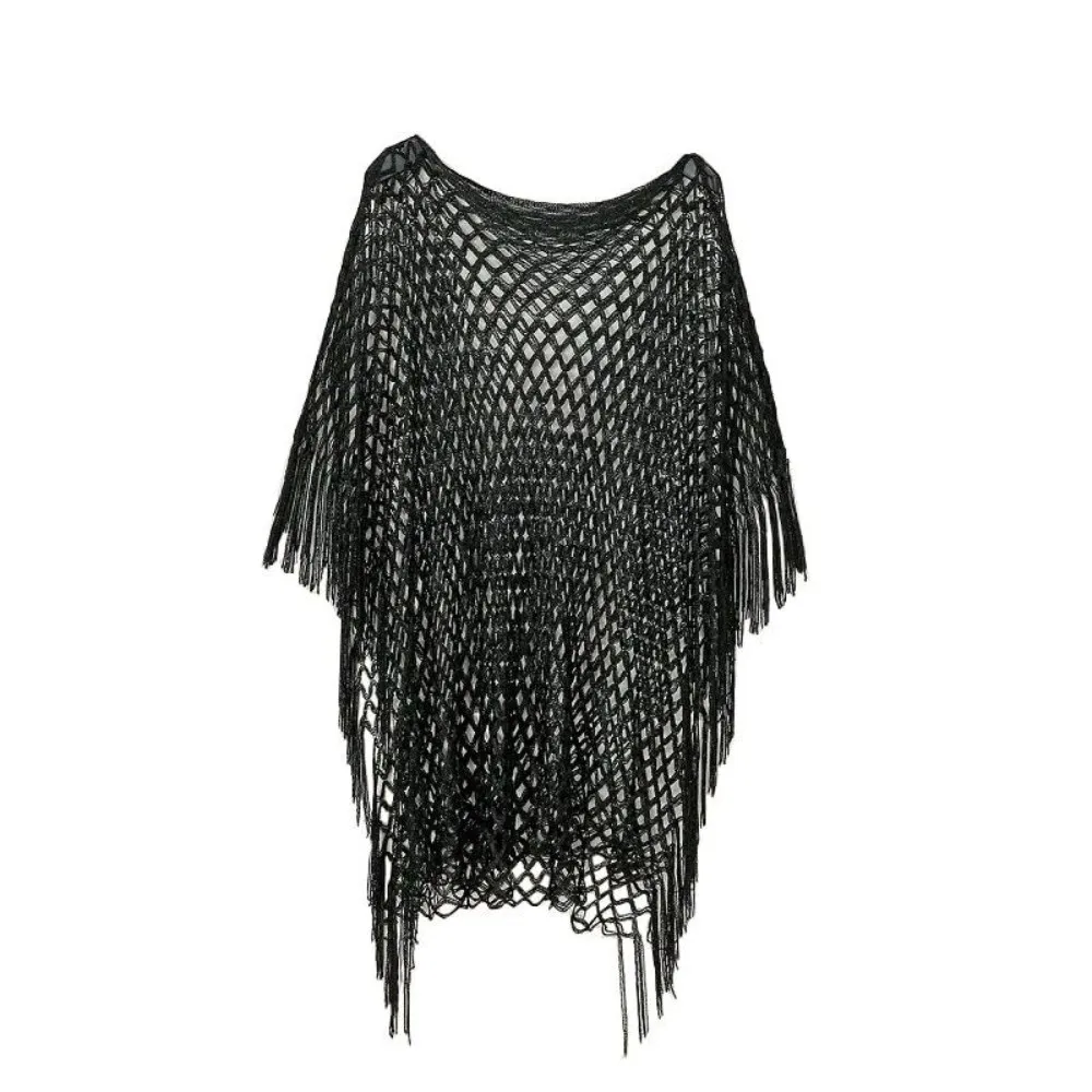Solid Color Tassel Sunscreen Cover-up Crochet Loose Fit Bohemian Shawl Plus Size Casual Fishnet Swimsuit Cover Up Summer