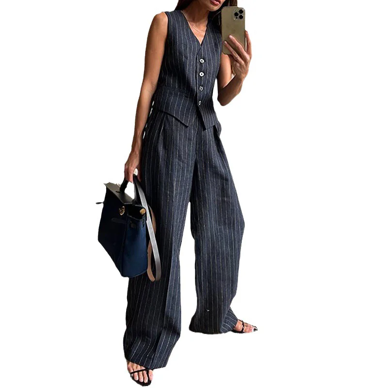Elegant Women 2 Piece Set Halter Neck Single-Breasted Pocket Sleeveless Halter Vest Tops+High Waist Zipper Pockets Wide Leg Pant