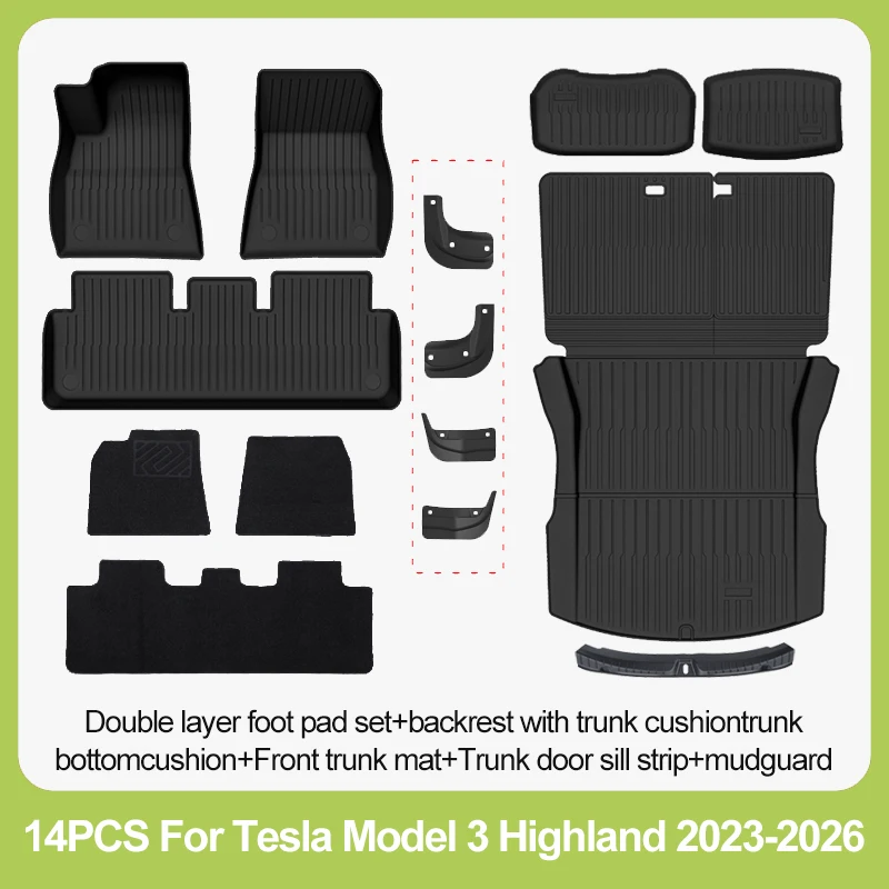 Autovloermatten voor Tesla Model 3 Highland 2024, 2025, 2026, all-weather TPE bagagematten voor en achter, opbergmat