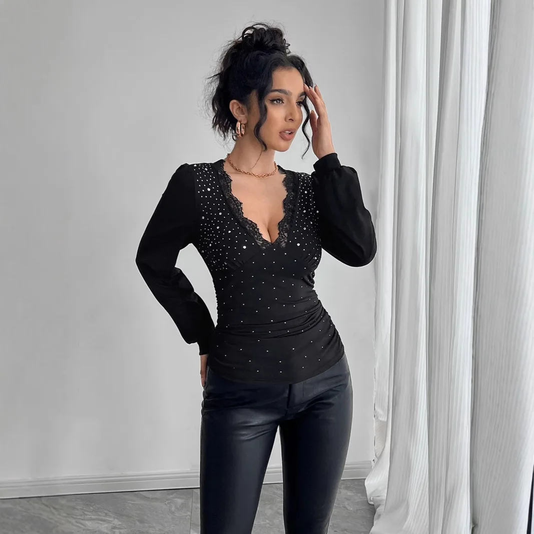 

Autumn New Women's Long-sleeved T-shirt V-neck Lace Stitching Hot Rhinestone Slim Fit Black Simple Hot Girl Nightclub Pullover