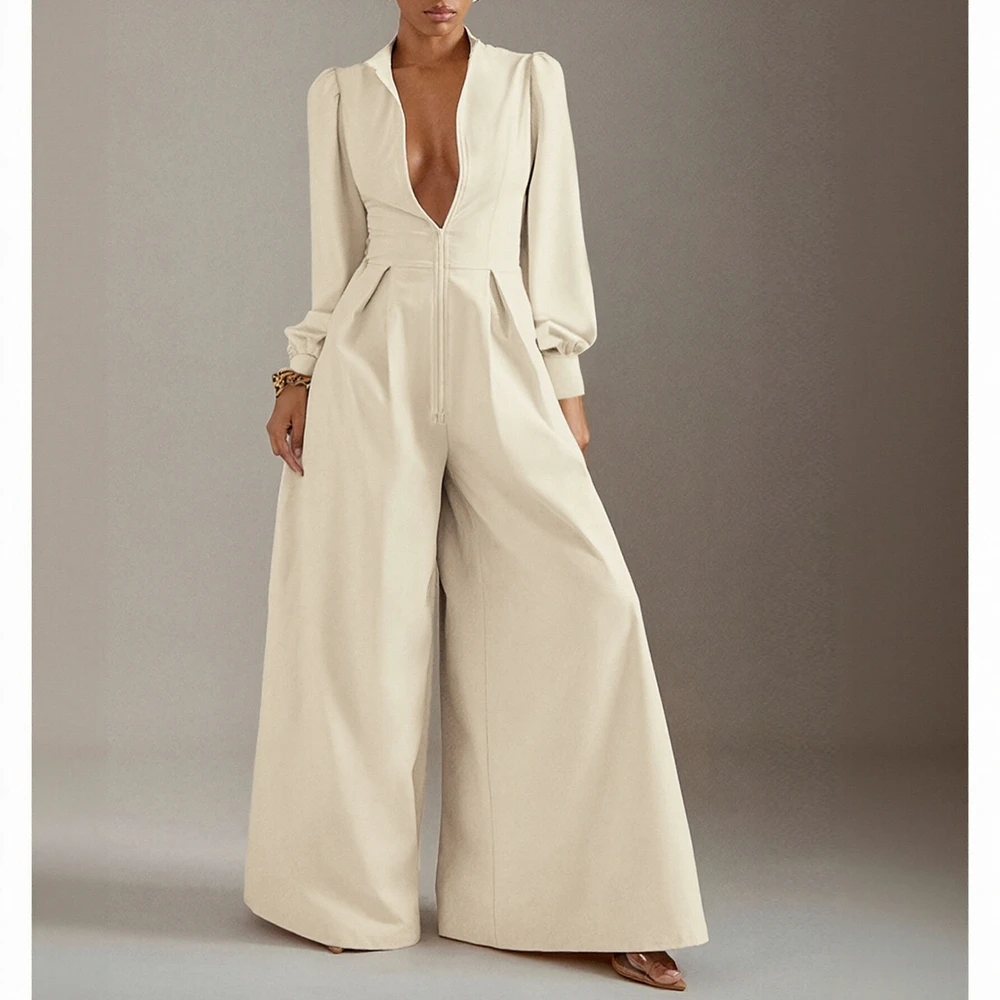 

Женские осенние комбинезоны, приличные, однотонные, с длинным рукавом, с v-образным вырезом, полная длина, с широкими штанинами, офисная женская мода для