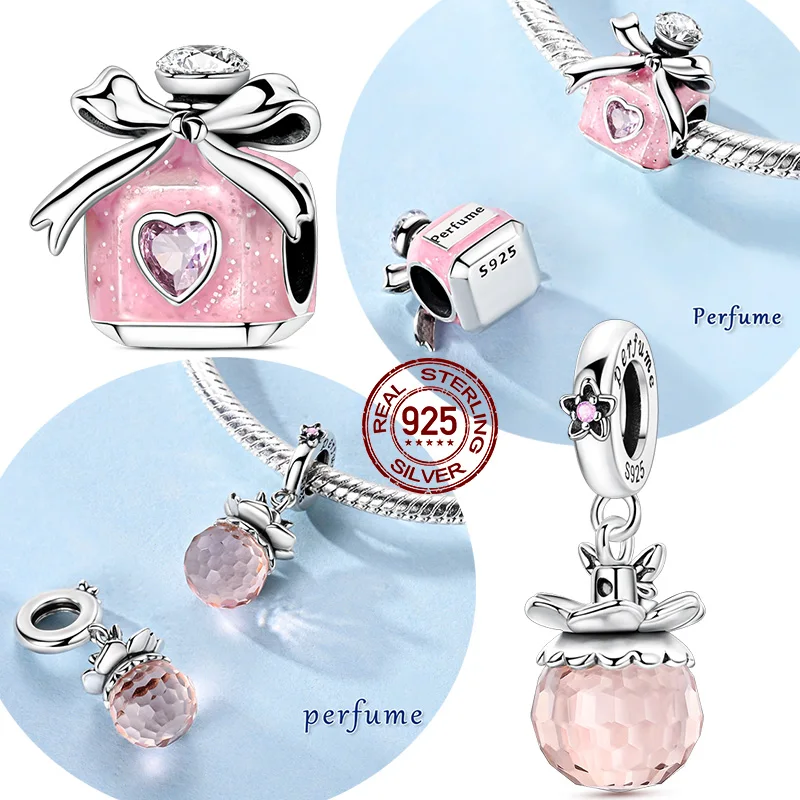 

Оригинальный настоящий браслет из стерлингового серебра 925 пробы, розовый бант, парфюмерная подвеска из бисера, подходит для оригинального браслета для женщин, ювелирные изделия своими руками, подарок