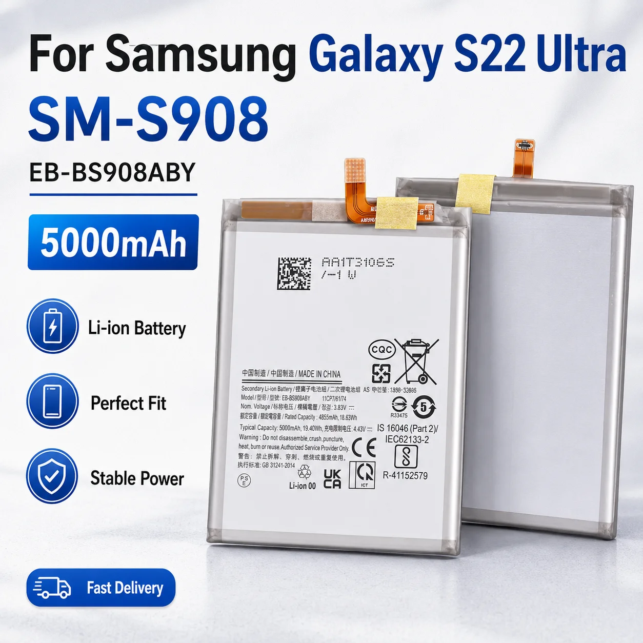 

5000mAh EB-BS908ABY Replacement Battery For Samsung Galaxy S22 Ultra SM-S908 SM-S9080