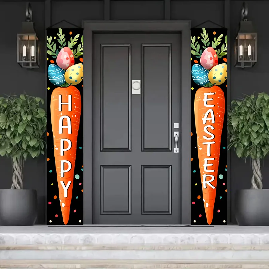 1 Pair Easter Decorative Couplets Carrot Easter Eggs Happy Easter Couplet Hanging Flags Holiday Party Home Decoration Hanging Cloth