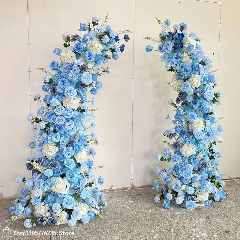 Blaues Künstliches Blumen-Mond-Ochsenhorn-Bogen-Arrangement mit Rosen, Luxuriöser Hochzeits-Hintergrundrahmen, Dekoration für Strand, Outdoor-Zeremonien und Partys – Detail 4