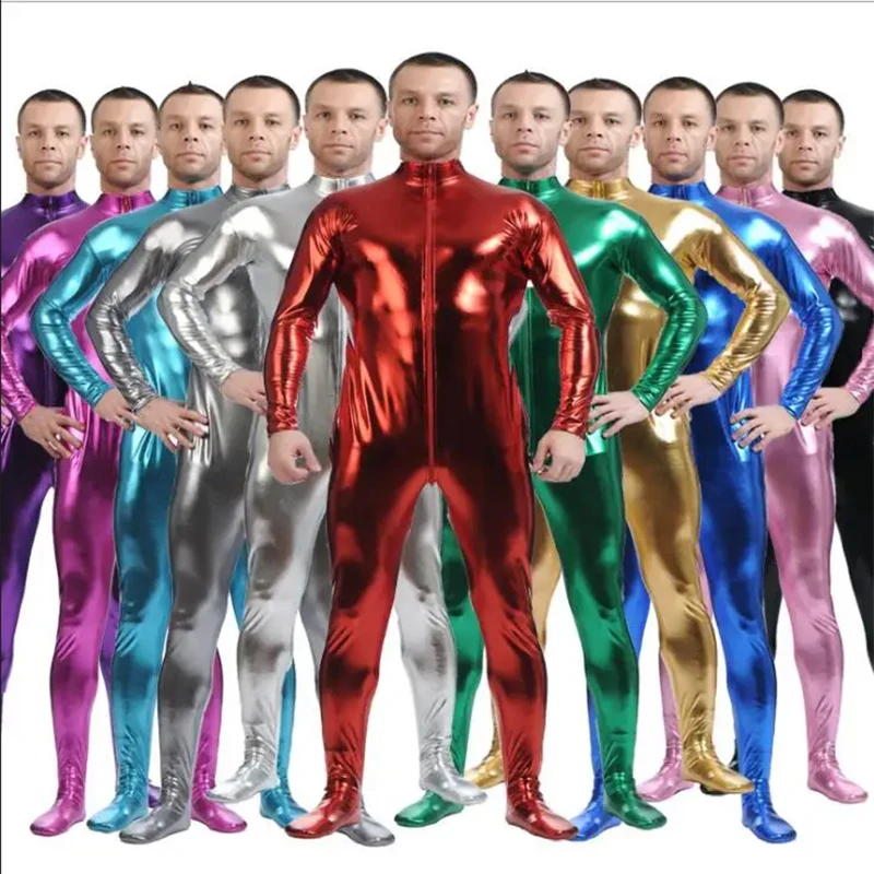 Nowy Ensnovo mężczyźni lateksowy garnitur czarne błyszczące metalowe rajstopy złoty Zentai garnitur Full Body Unitard niestandardowe Body skóry zamek z przodu