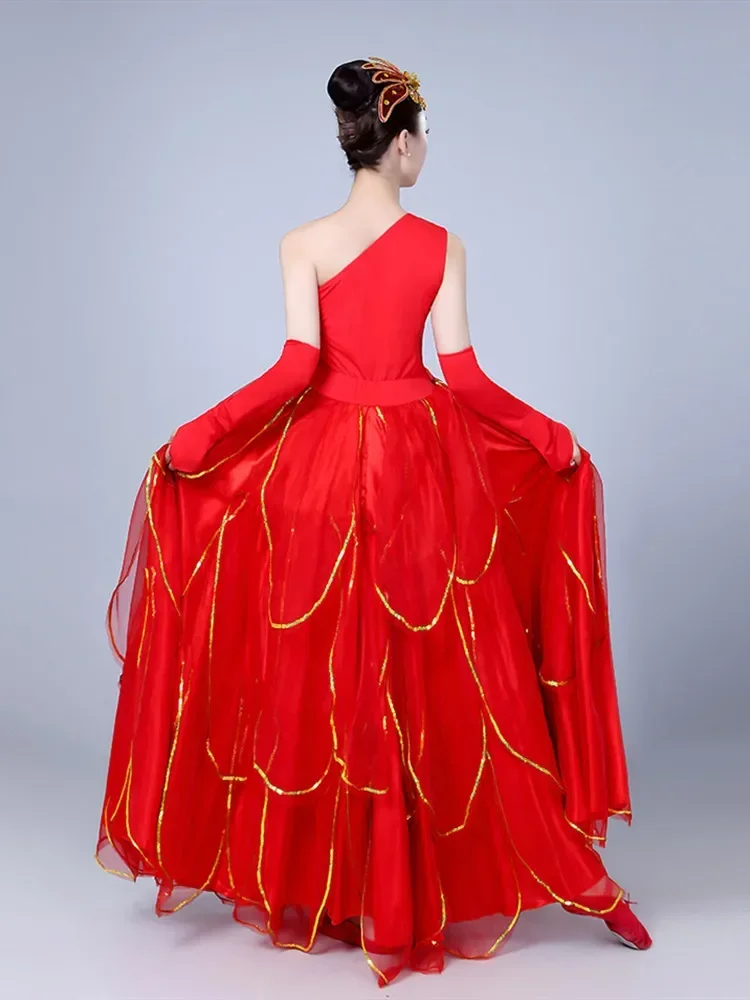 Damski strój do flamenco hiszpańskiego z długim rękawem, obrót 360 stopni, sukienka do tańca corrido, długa szata, czerwone sukienki flamenco dla dziewczynek