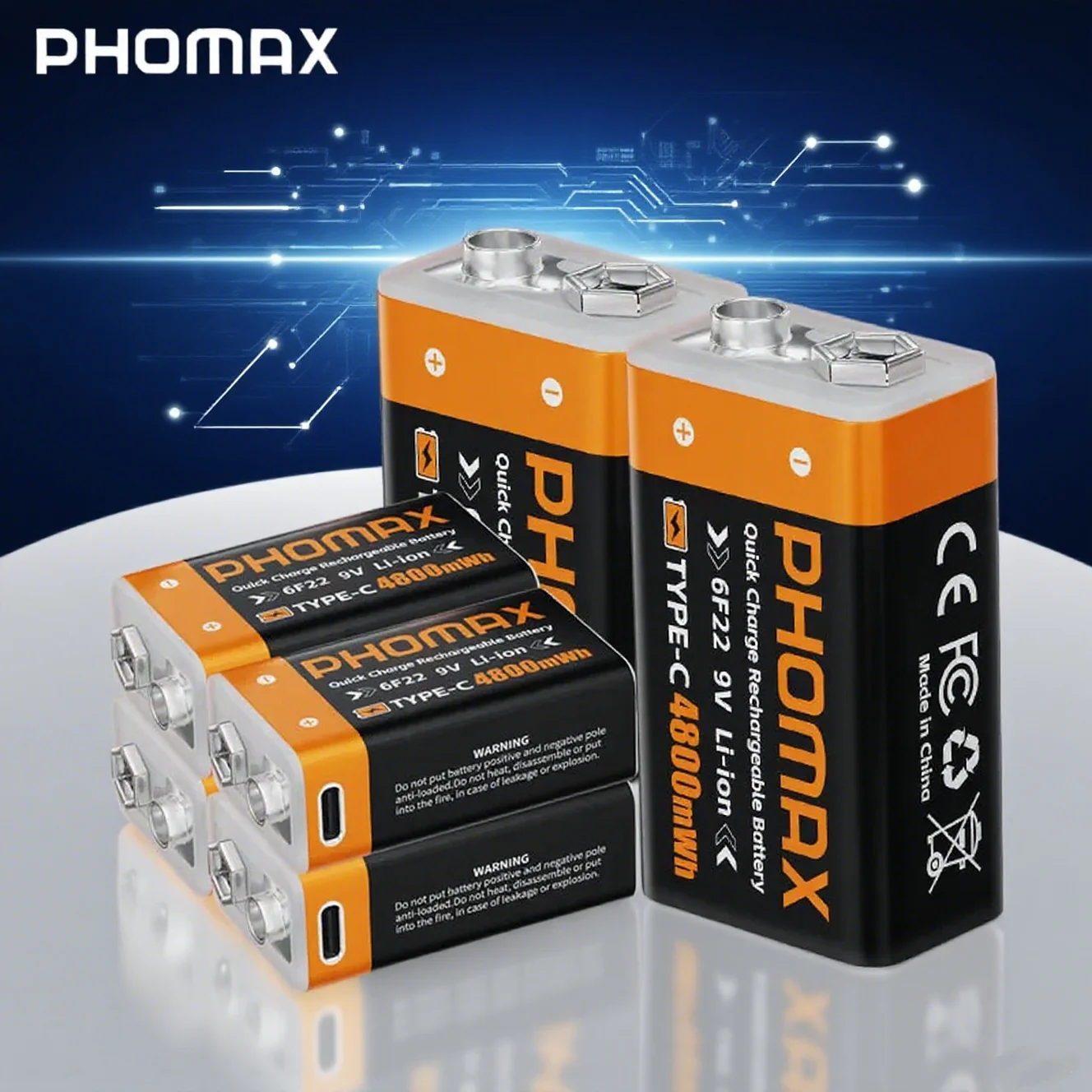 PHOMAX 9V Type C USB Lithium Ion Battery 4800mAh 6F22 Li-ion Rechargeable for Smoke Detector Factory Wholesale