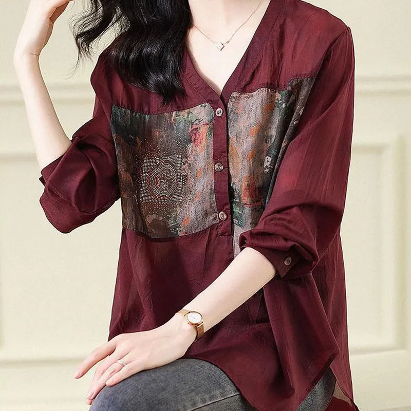 Fashion Loose Printed Spliced Blouse Burgundy Casual Commute V-Neck Button Women\'s Clothing Korean 2023 Spring Long Sleeve Shirt